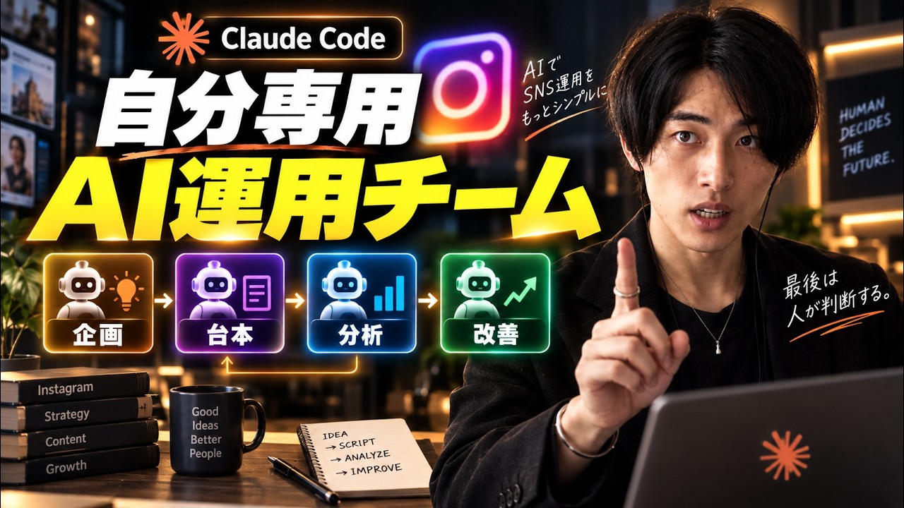 Claude Codeで企画・台本・分析・改善の4役を作るAIインスタ運用チームの動画サムネイル